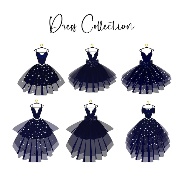 ハンガーファッションイラストの様々なスタイルの美しいドレスのセット