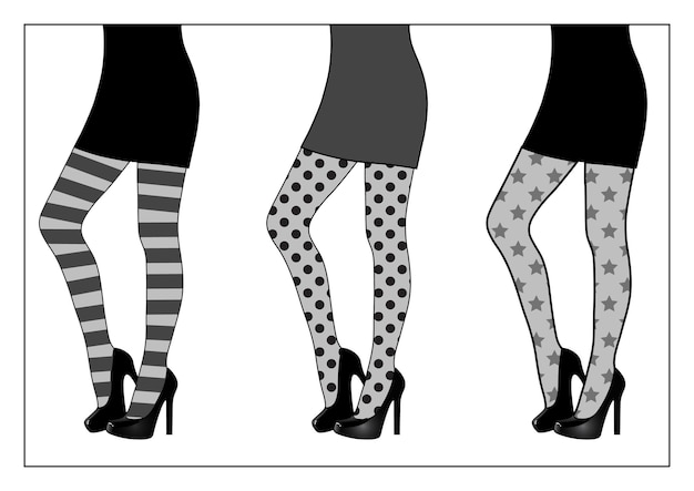 Vector set of beautiful female legs in printed tights, black and white