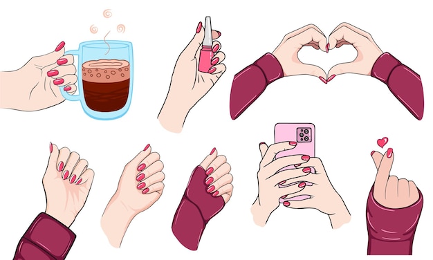 Vector set of beautiful female manicured hands hand drawn illustration