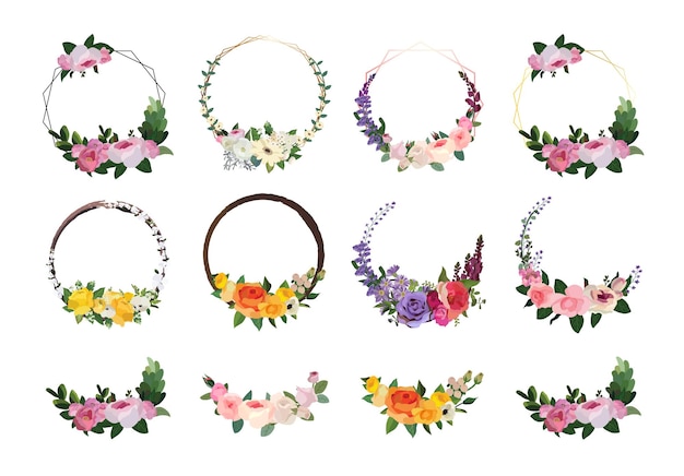 Vector set of beautiful flower wreath, floral frames set. vector illustration.