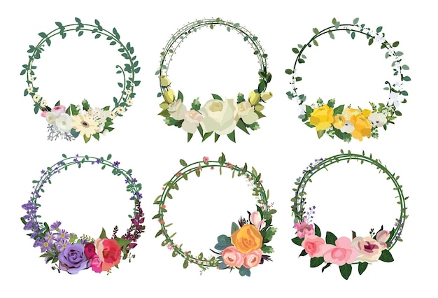 Set of beautiful flower wreath floral frames set Vector illustration