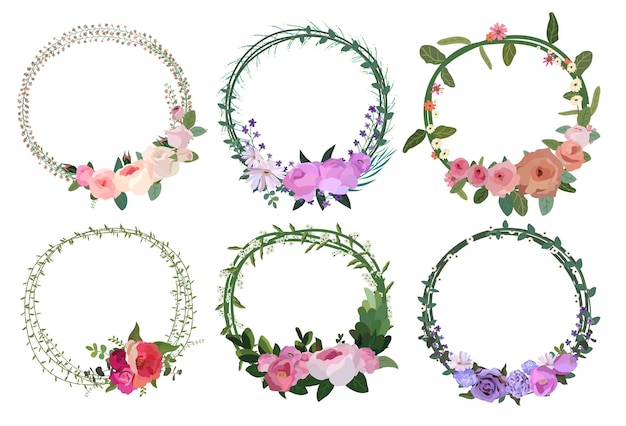 Set of beautiful flower wreath floral frames set Vector illustration