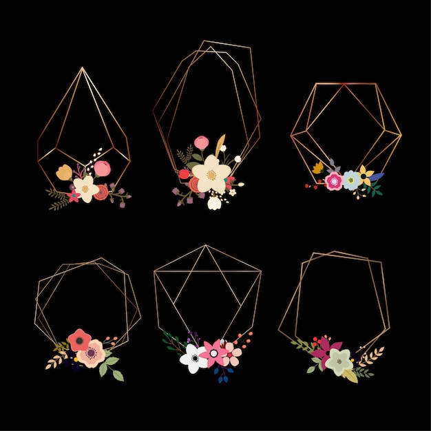 Vector set of beautiful geometrical shapes with flowers