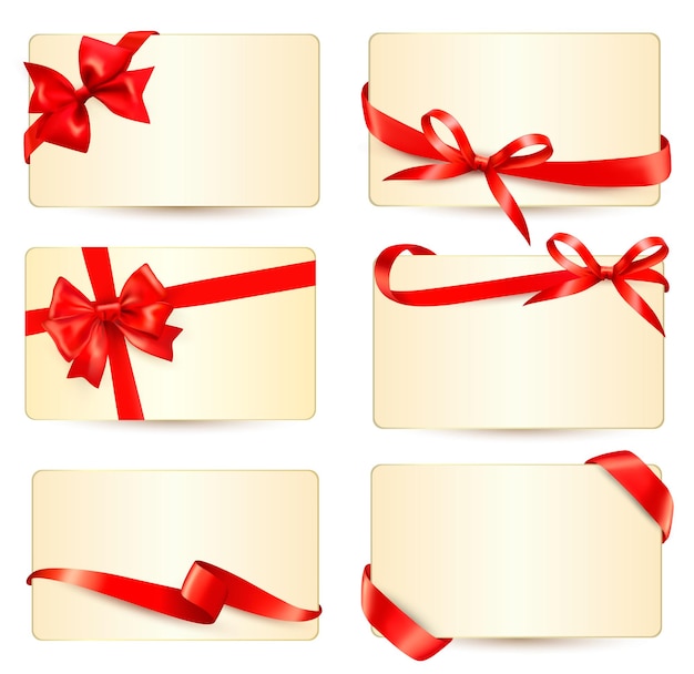 Vector set of beautiful gift cards with red gift bows with ribbons