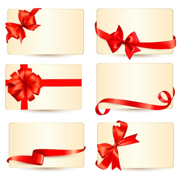 Set of beautiful gift cards with red gift bows with ribbons