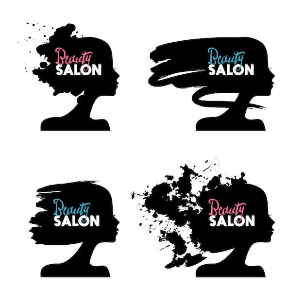 Set of beautiful girl silhouettes Logo collection of women beauty salon Splash paint design Vector illustration