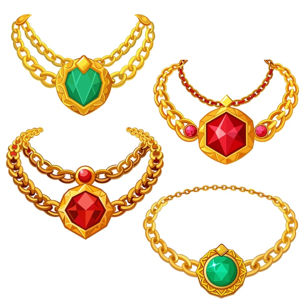 Vector set of beautiful golden necklace with emerald and ruby gemstones