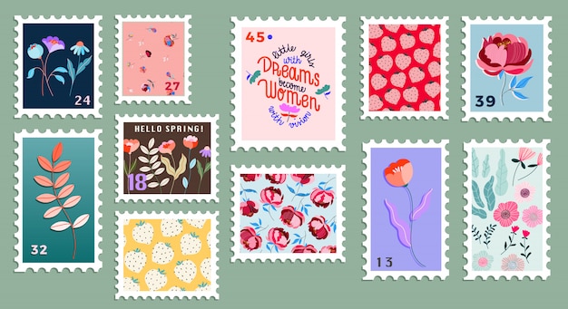 Set of beautiful hand-drawn post stamps. Variety of modern   post stamp s. Floral post stamps. Mail and post office conceptual drawing.