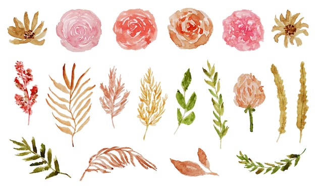 a set of beautiful hand painted flower and leaf watercolor