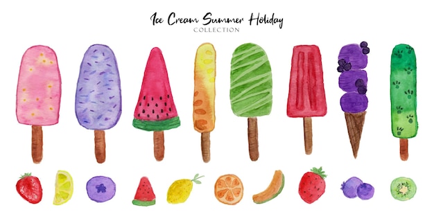 Vector a set of beautiful hand painting ice cream summer watercolor