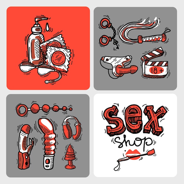 Set di bellissimi dispositivi di sex shop con illustrazione disegnata a mano per il tuo design