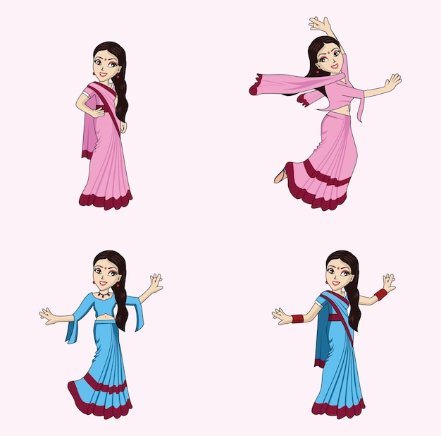 Vector set of beautiful indian women character 4 poses design illustration