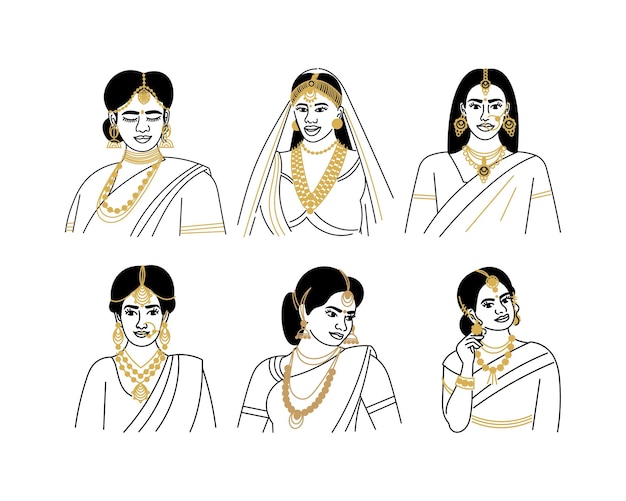 サリーベクトルイラストの美しいインドの女性のセット