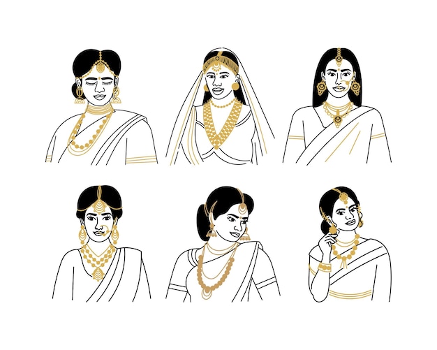 Set of beautiful indian women in sari Vector illustration