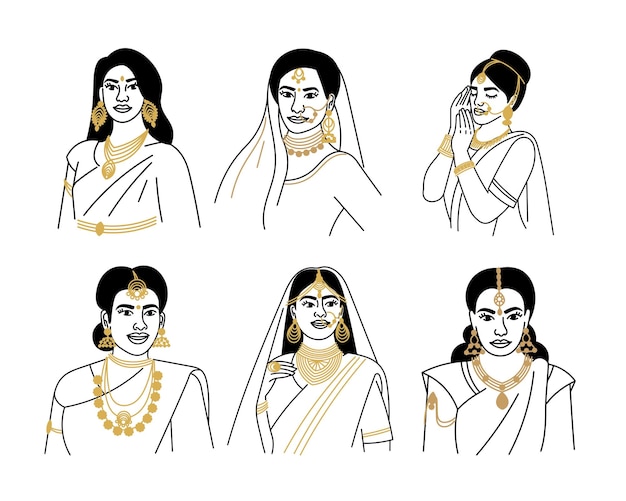 Set of beautiful indian women in sari Vector illustration