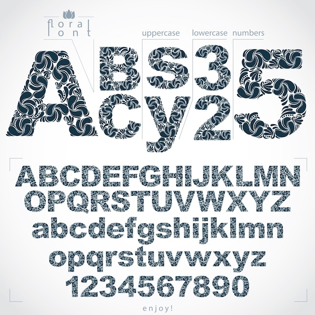 Set of beautiful letters and numbers decorated with herbal ornament. Monochrome vector typescript made in floral style.