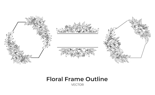 美しい線画の花手描きフレーム装飾のセット