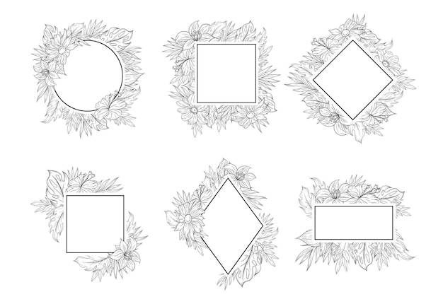 Set of beautiful line art rose flower frame