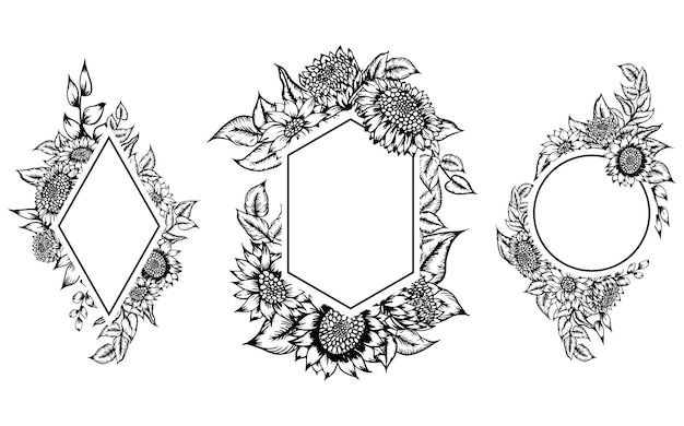 아름다운 라인 아트 해바라기 손으로 그린 프레임 장식 세트