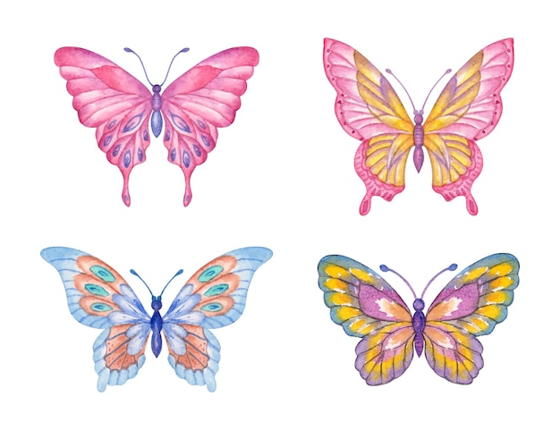 Set of beautiful lovely colorful spring butterflies in watercolor style