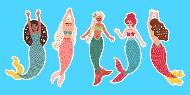 Set of beautiful mermaids, different ethnicity, swimming mermaid. Cute Mermaid vector, for t shirts