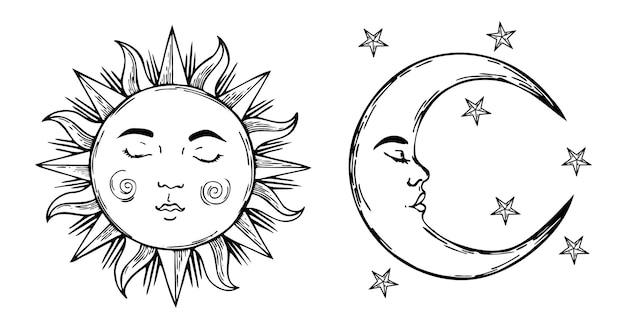 Insieme di bellissimi elementi mistici, sole e falce di luna con stile vintage faccia. progettare tatuaggi.