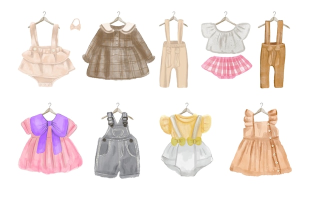 Vector set of beautiful newborn clothes baby items dress jumpsuit in watercolor style on white background