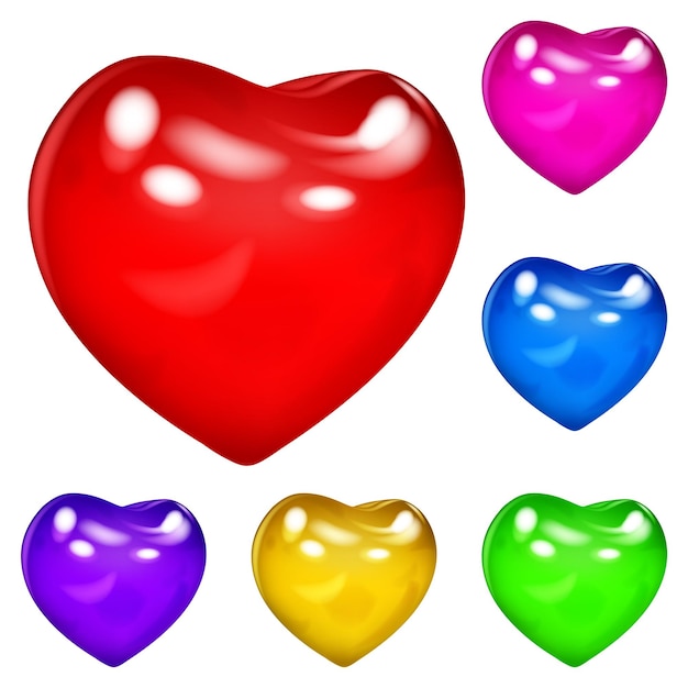 Set of beautiful opaque glossy hearts in various colors in white background