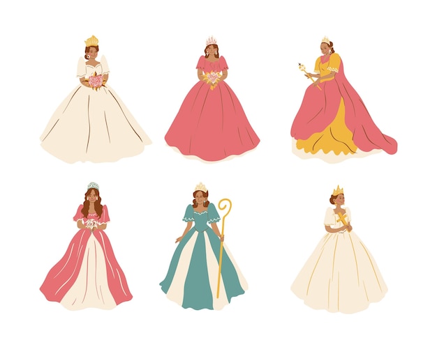 Set of beautiful princesses Isolated on white background Vector illustration