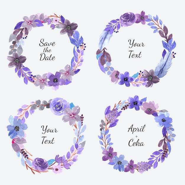 Set of Beautiful Purple Watercolor Floral Wreath