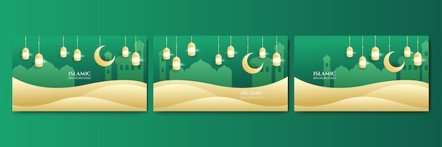 Set of beautiful realistic hanging lantern green colorful islamic design background