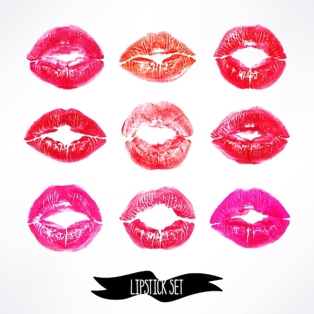 Set of beautiful red and pink lips print on white background