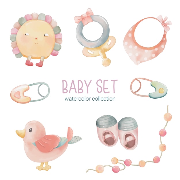 Set of beautiful separate parts of clothes baby items and toy in water colors