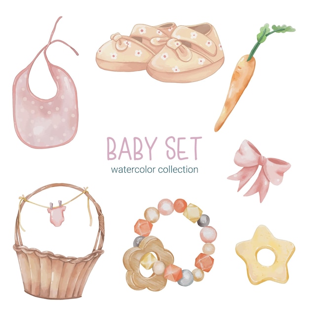 Vector set of beautiful separate parts of clothes baby items and toy in water colors