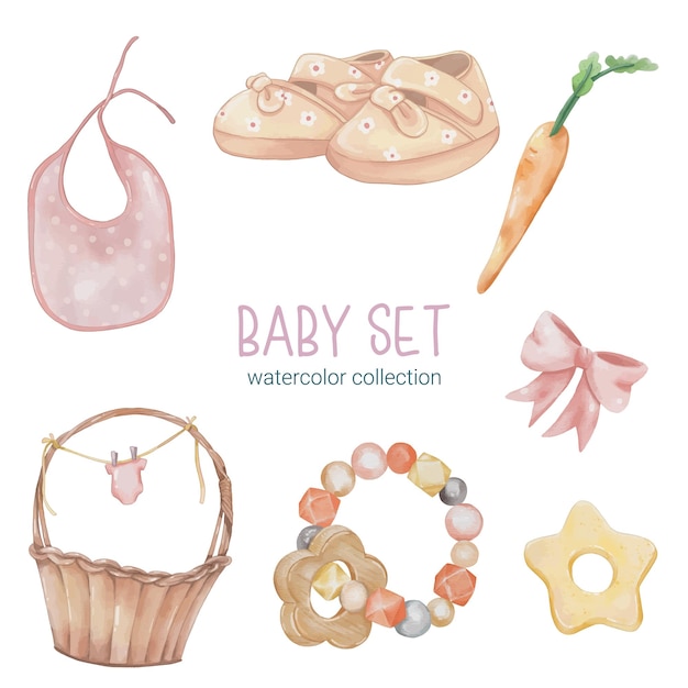 Set of beautiful separate parts of clothes baby items and toy in water colors