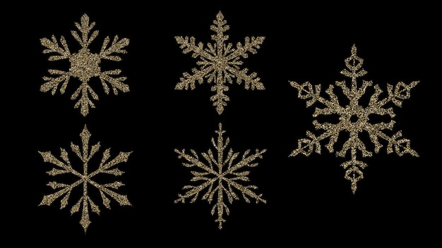 Set of beautiful shiny complex Christmas snowflakes made of sparkles in golden colors