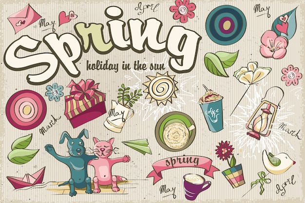 Set of beautiful spring colored nature doodles