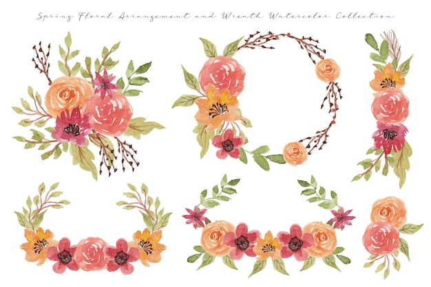 Vector a set of beautiful spring flower wreath and flower arrangement watercolor
