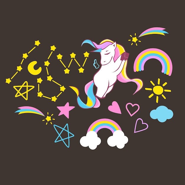 Set of beautiful unicorn elements on dark background, vector eps 10 format