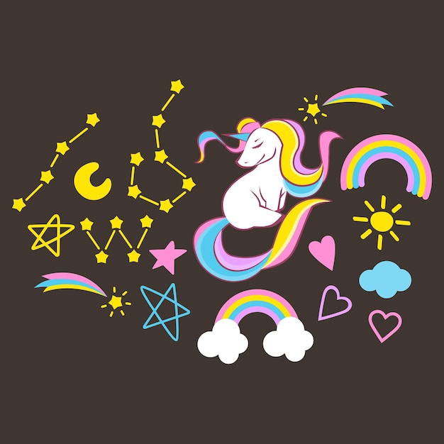 Set of beautiful unicorn elements on dark background, vector eps 10 format