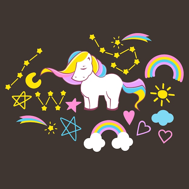 Set of beautiful unicorn elements on dark background, vector eps 10 format