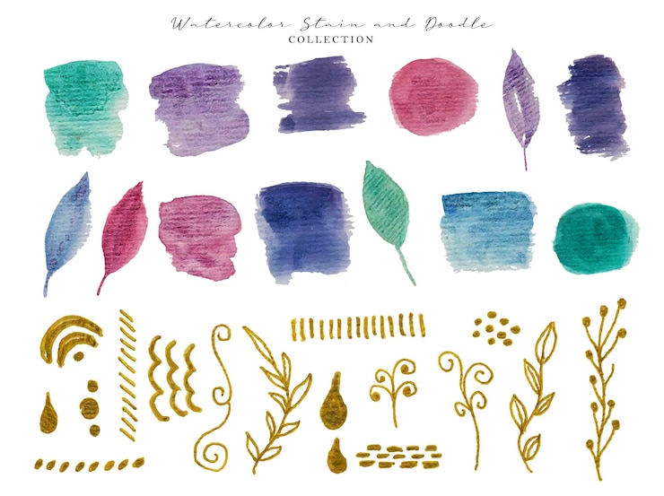 Vector a set of beautiful watercolor stain and gold ink doodle