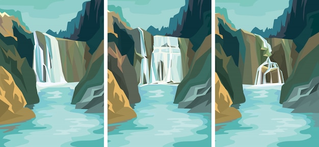 Vector set of beautiful waterfall landscapes.