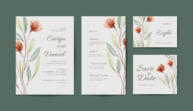 Set di bellissimo modello di carta di nozze con acquerello floreale