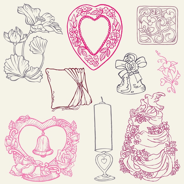 Set of beautiful wedding hand drawn elements