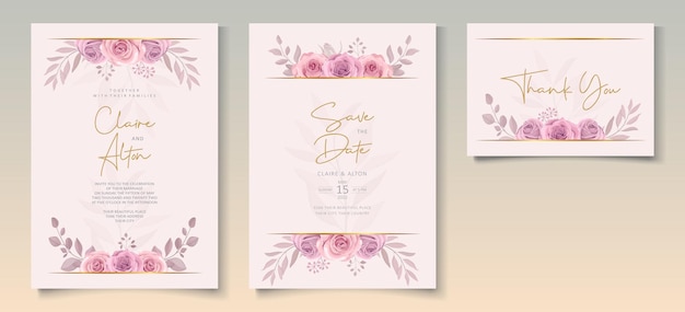 Set di bellissimo modello di invito a nozze con ornamento floreale di rose rosa disegnate a mano