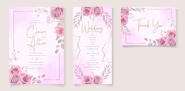 Set of beautiful wedding invitation template with hand drawn pink roses flower ornament