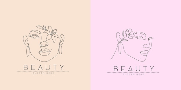 Set Of Beauty Fashion Feminine Cute Flower Woman Face Elegant Line Drawing Logo Design