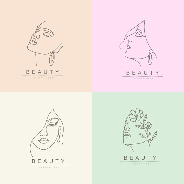 Set of beauty fashion feminine woman face line drawing logo design