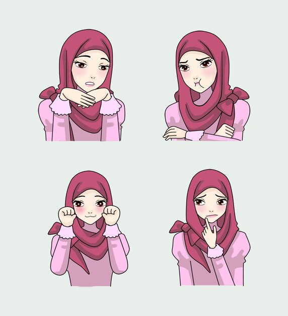 Vettore set di bellezza ragazza hijab rosso con diversa espressione illustrazione cartone animato